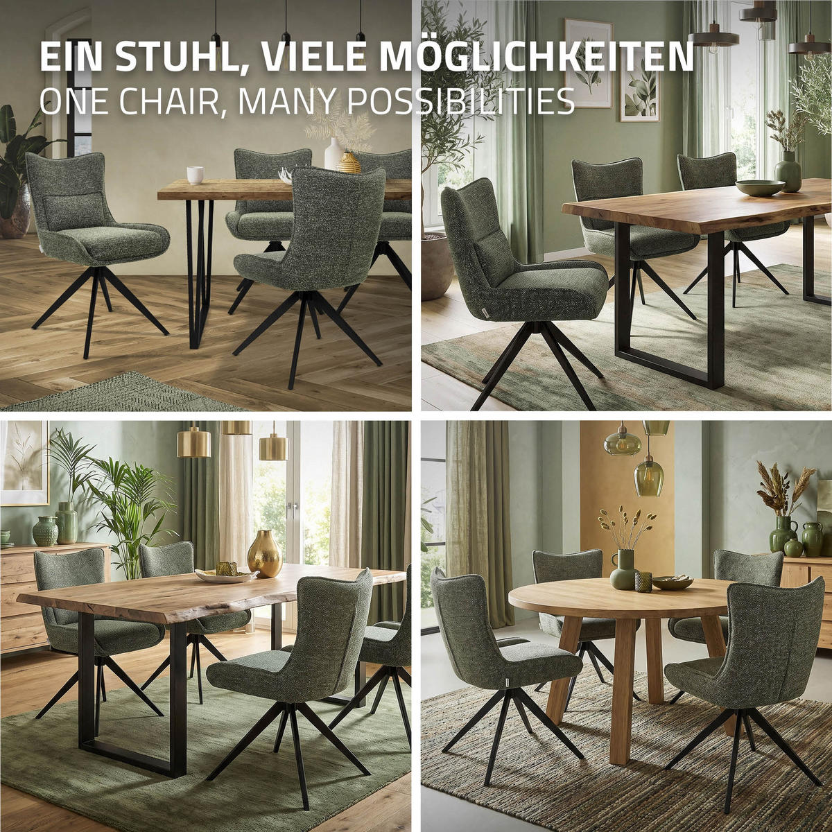 ESSZIMMERSTÜHLE 2er Set drehbar Küchenstühle gepolstert mit Webstoff-Bezug Grün - Schwarz/Grün, Textil/Metall (54/90/64cm) - ML-DESIGN