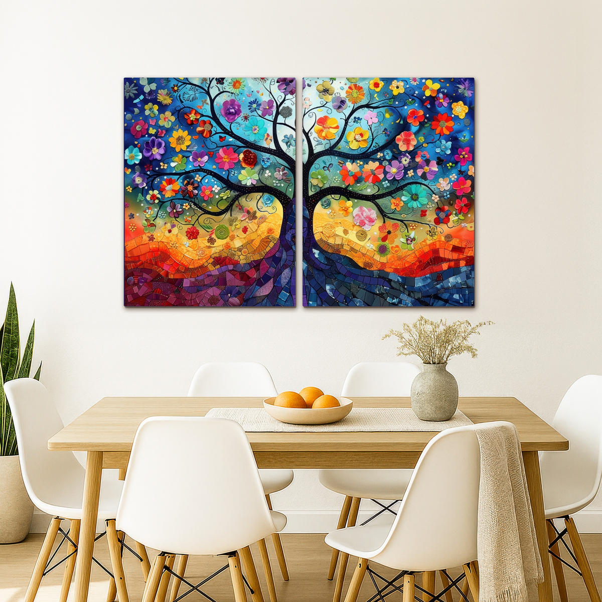 LEINWANDBILD 2er Set Bunt - Baum des Lebens - Blumen - Abstrakt 100x70 cm - Blau, Textil (100/70cm) - MuchoWow