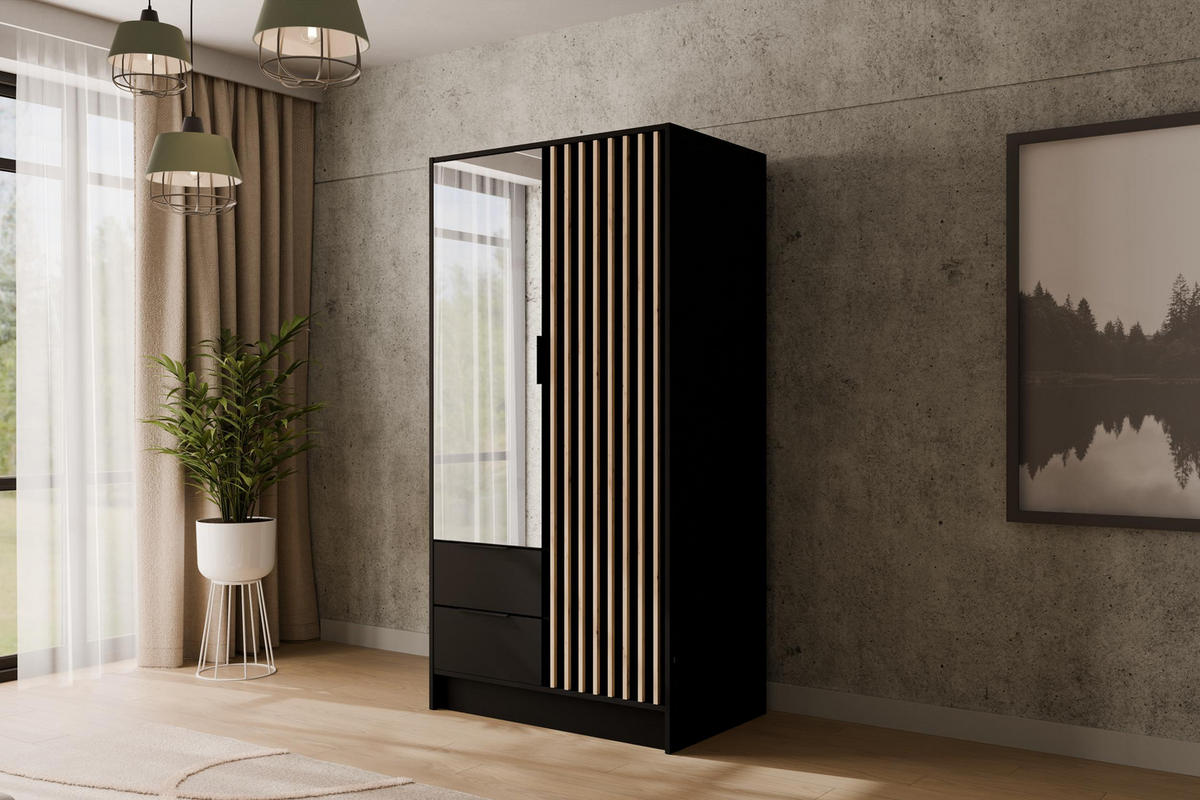 KLEIDERSCHRANK NELIA - 120 cm - Schwarz/Eiche Artisan, Holzwerkstoff (102/200/51cm) - ALTDECOR