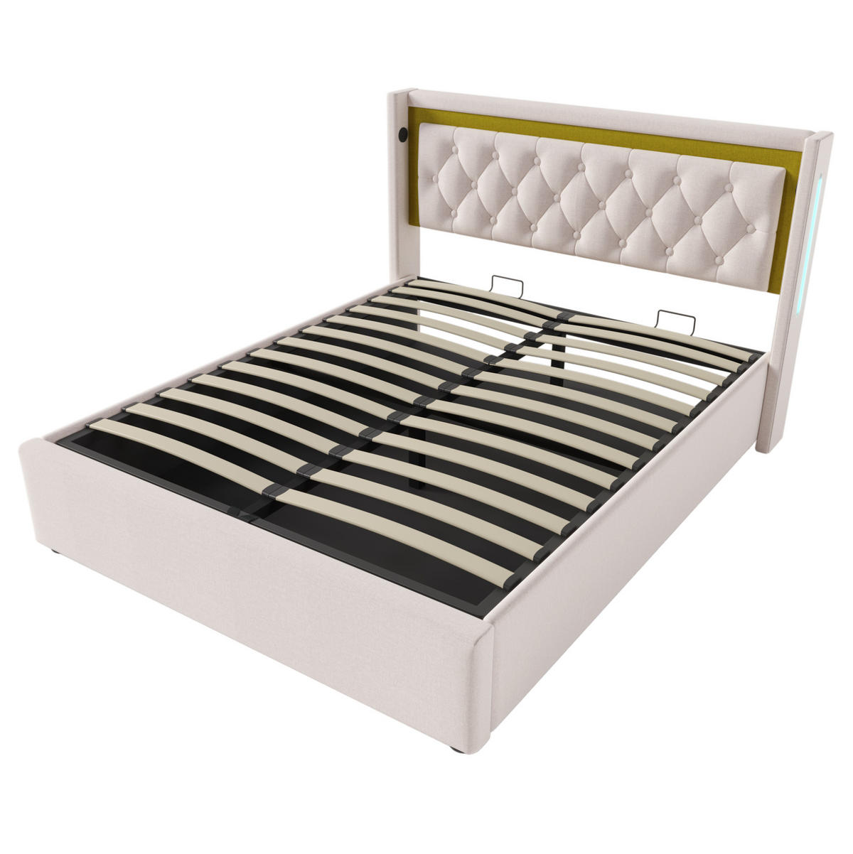 POLSTERBETT 140/200 cm mit LED, Bettkasten (Gasdruck), USB & Typ-C, Lattenrost inklusive,Beige - Beige, Textil (140/200cm) - Redom