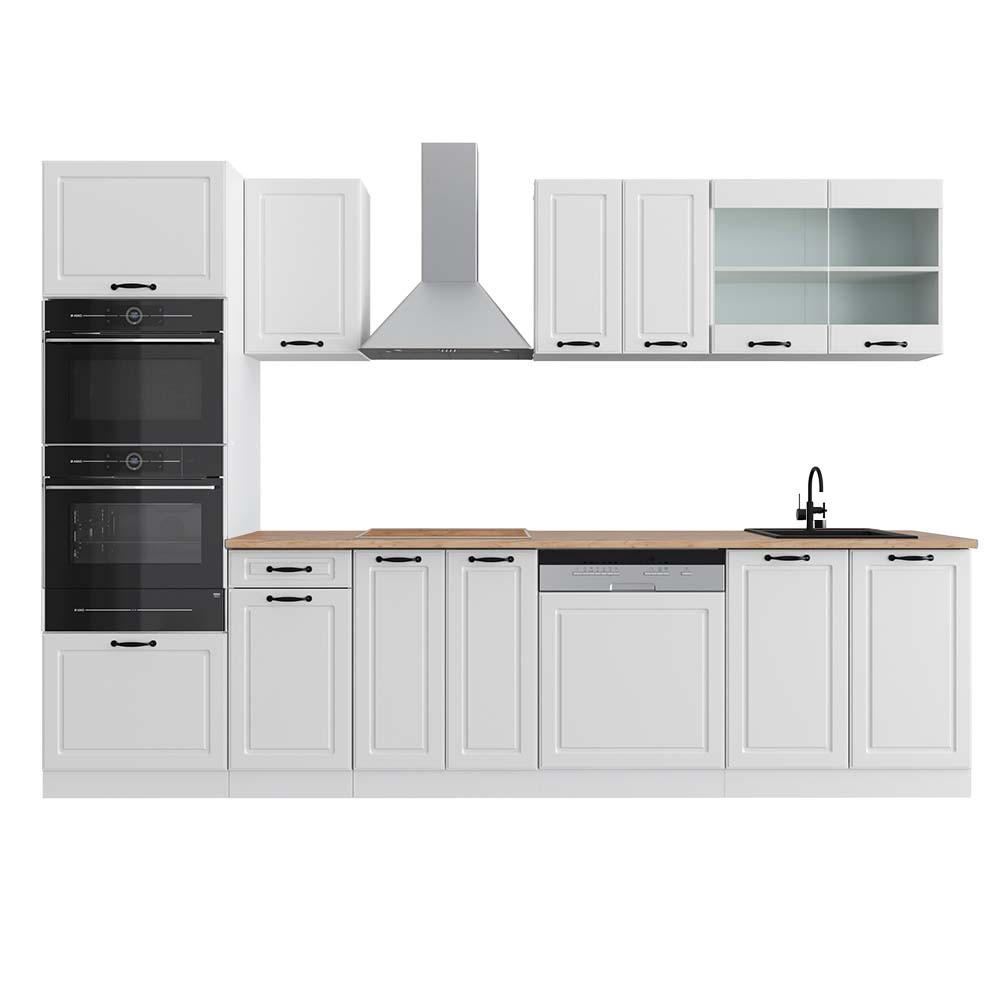 KÜCHENZEILE R-Line Weiß Landhaus/Weiß 300 cm mit Hochschrank, AP Eiche - Creme/Weiß, Holzwerkstoff (300/81.6/60cm) - Vicco