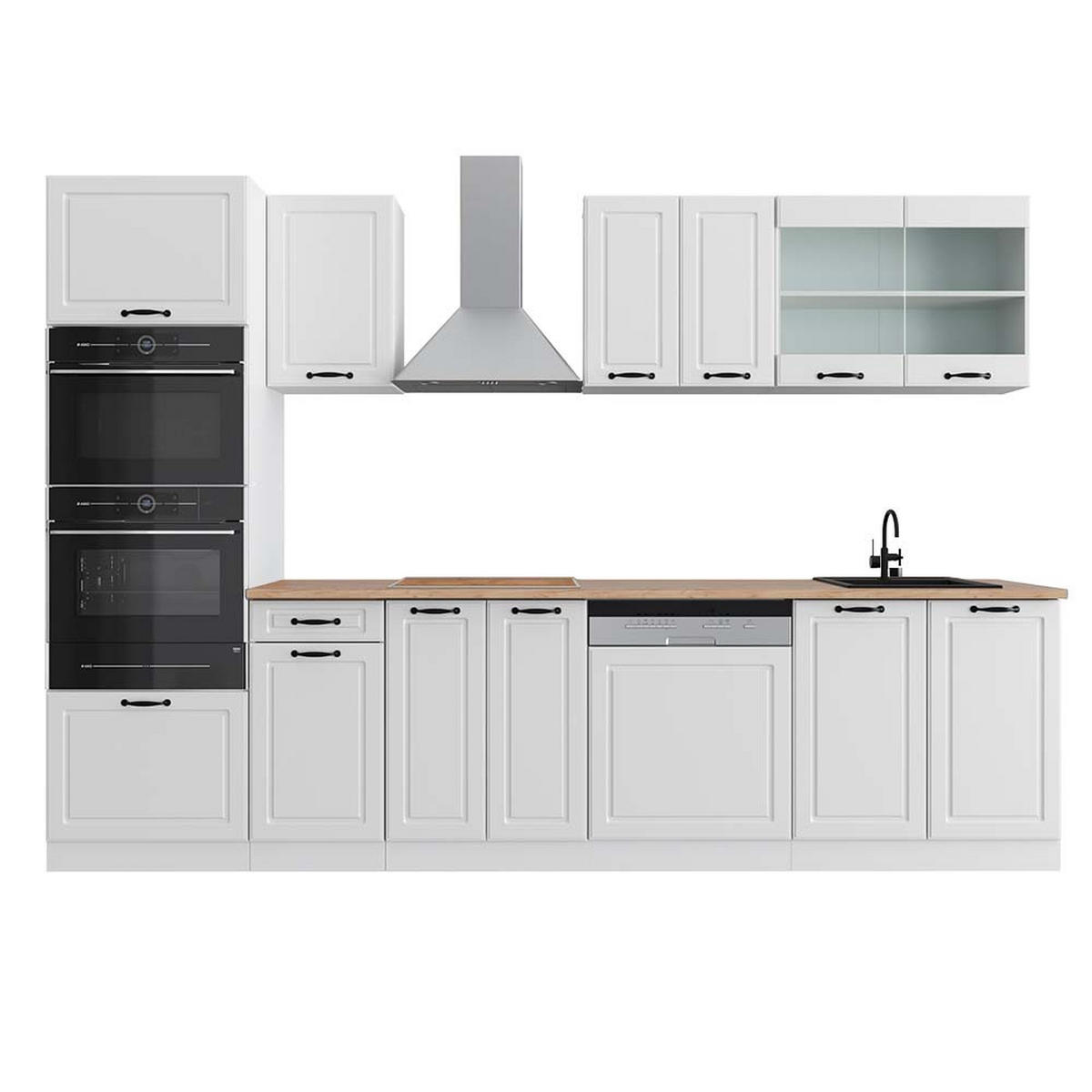 KÜCHENZEILE R-Line Weiß Landhaus/Weiß 300 cm mit Hochschrank, AP Eiche - Creme/Weiß, Holzwerkstoff (300/81.6/60cm) - Vicco