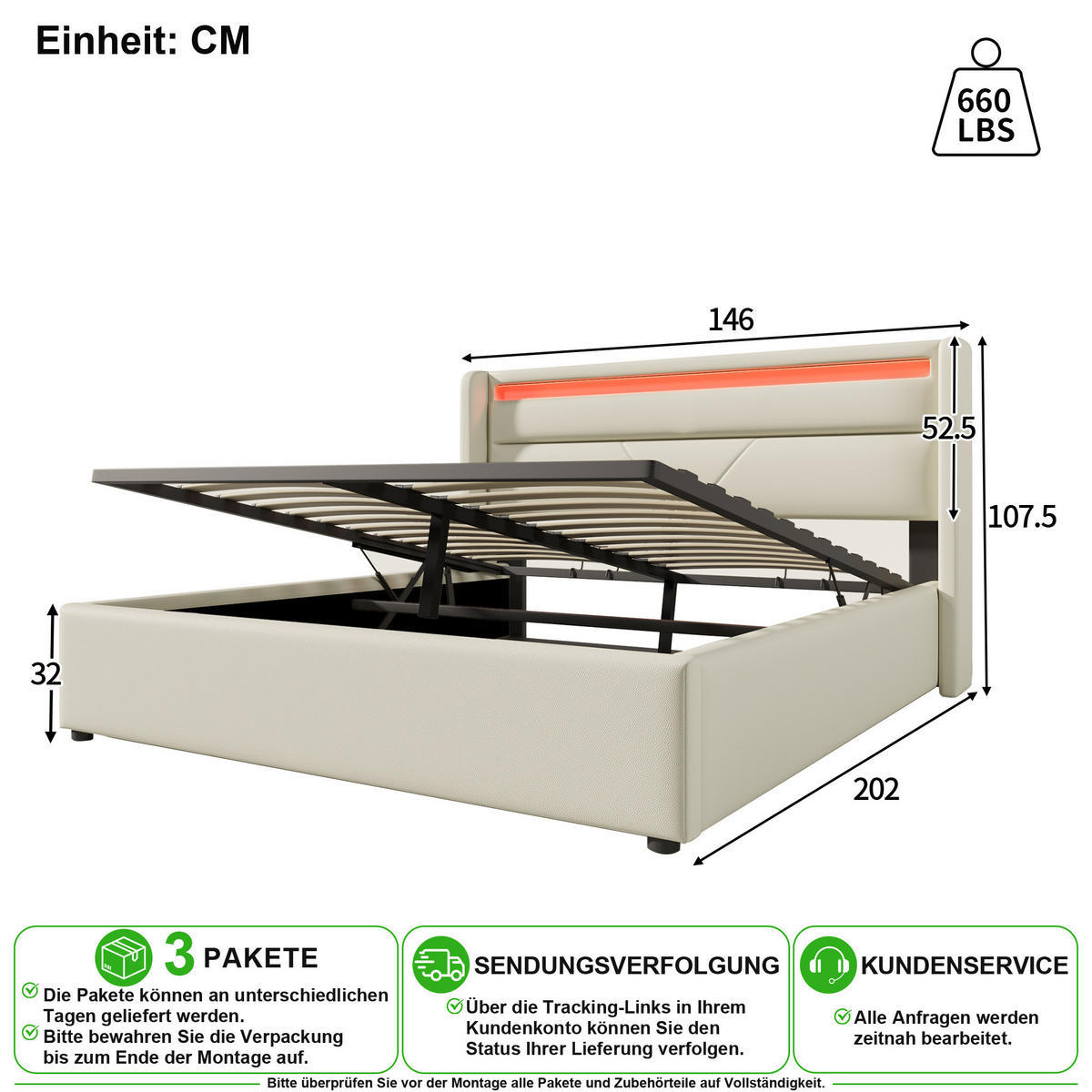 POLSTERBETT 140/200 cm in Weiß mit Bettkasten, LED und Matratze - Weiß, Holzwerkstoff/Textil (140/200cm) - CHICFURN