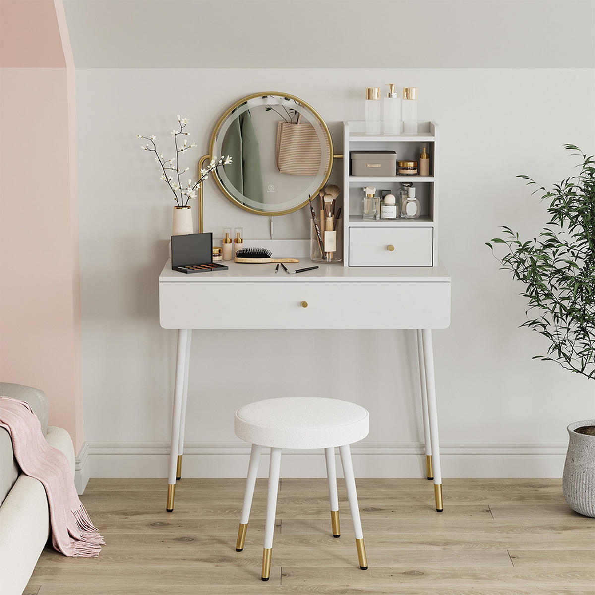 SCHMINKTISCH Mirela Weiß 90 cm mit LED-Spiegel und Hocker - Weiß, Holzwerkstoff (90/130/40cm) - Vicco