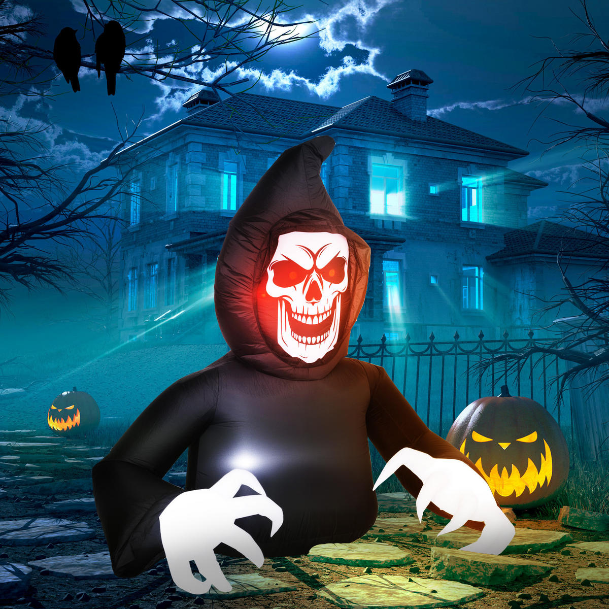 AUFBLASBARER Sensenmann, Halloween-Dekoration mit LED-Lichtern, für Outdoor - Schwarz, Textil (115/180/190cm) - Outsunny