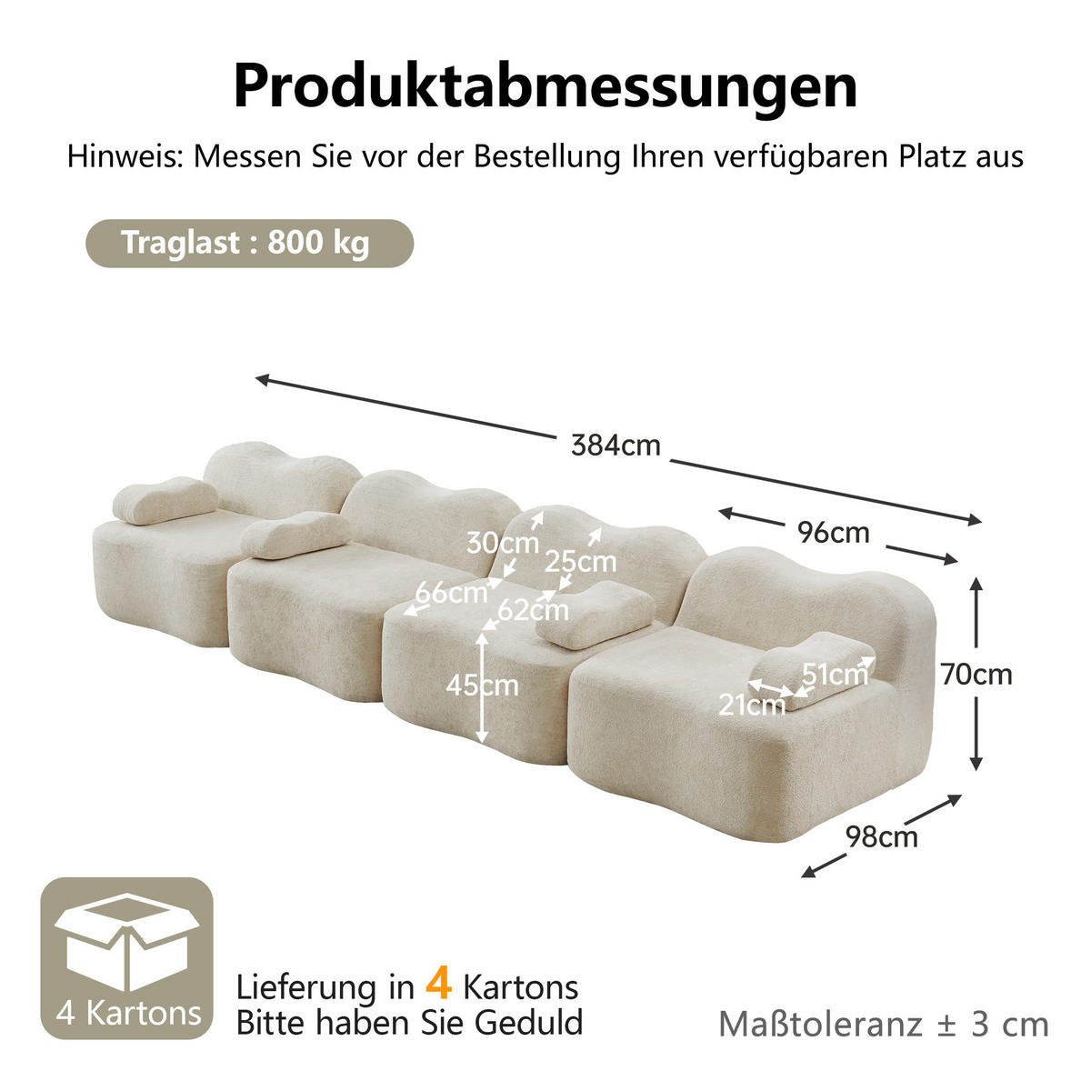 4-SITZER-SOFA DE-34348 Wellenform Beige - Beige, Textil (98/70/384cm) - ComfortXL
