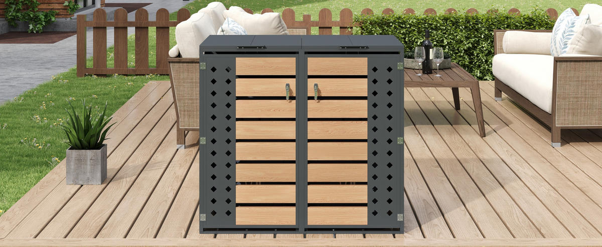 MÜLLTONNENBOX Klappdeckel 2 Türen Holzoptik - Grau, Metall (132/118.5/80cm) - LEBENLANG