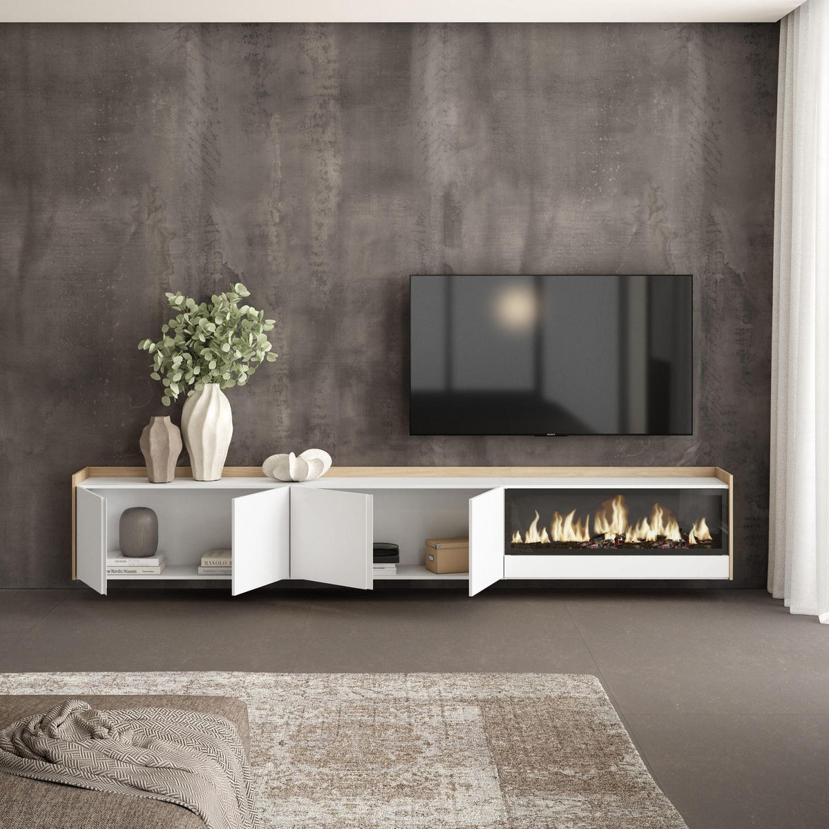 LOWBOARD, Weiß und Eiche, 315/35/50cm, Kamin mit Feuereffekt XXL - Weiß, Holzwerkstoff (315/50/35cm) - Skraut Home