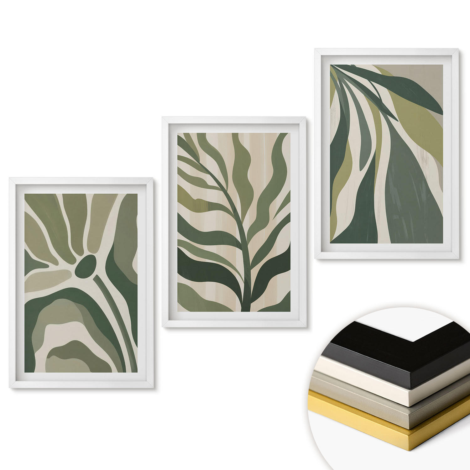 WANDBILDER 3er-Set - 40x60 cm Weißer Rahmen - Illustrationen gemalter grüner Blätter - Weiß, Kunststoff (40/60cm) - ArtPrintCave