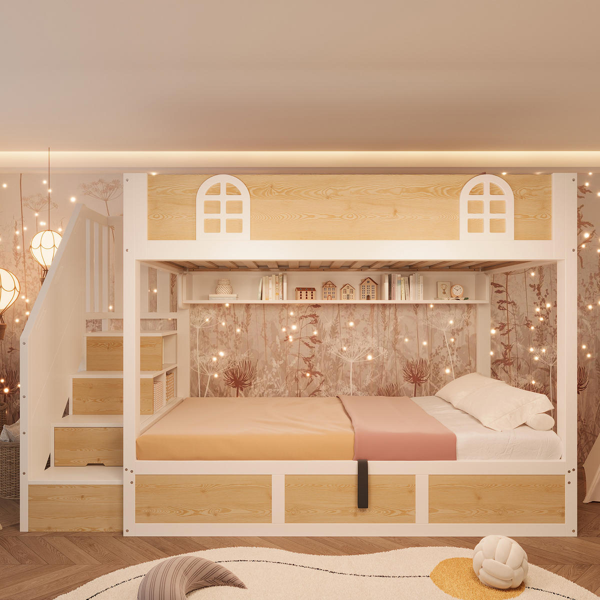 ETAGENBETT Weiß/Natur mit Treppenschrank und Stauraum - Naturfarben, Holzwerkstoff (90/200cm) - ComfortXL