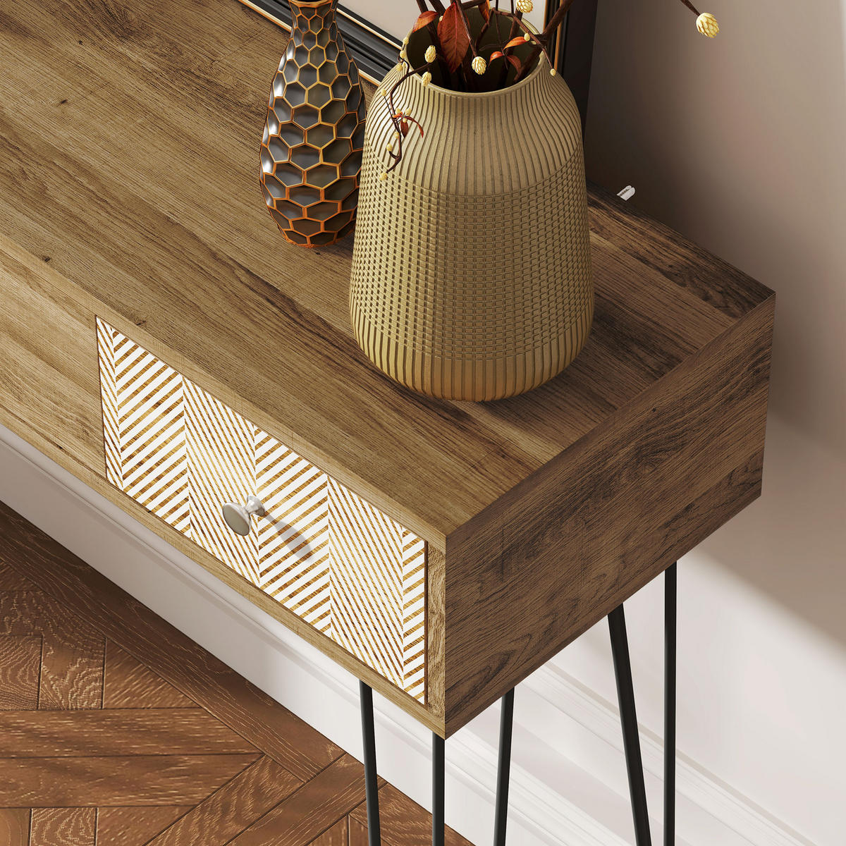 KONSOLENTISCH DE-16776 3 Schubladen, Haarspangenbeine, 90 cm Braun - Braun, Holzwerkstoff (90/30/75cm) - ComfortXL