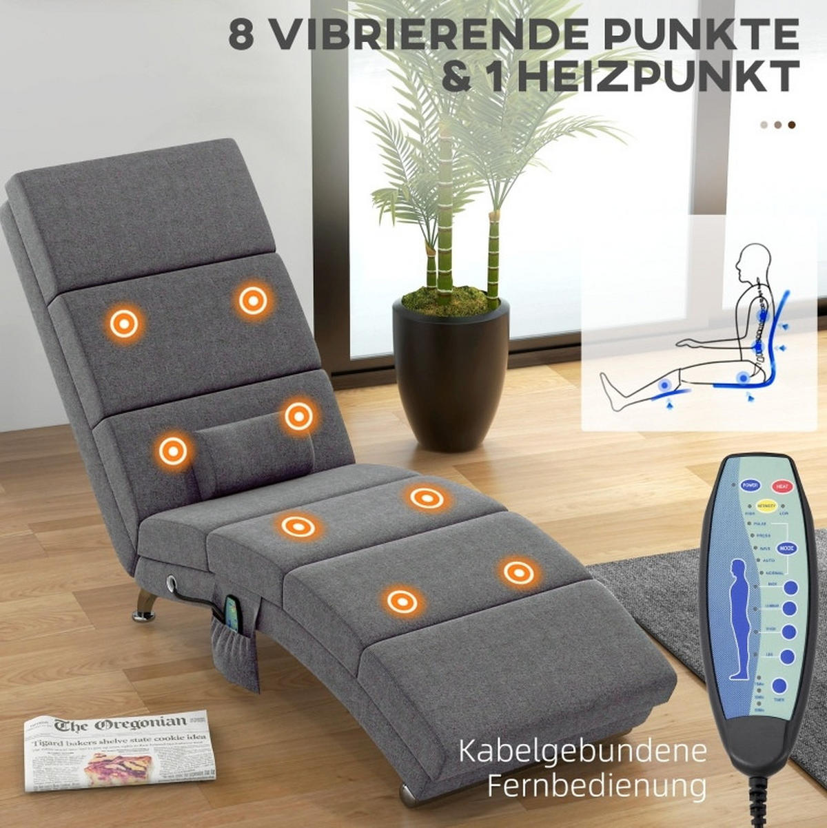 RELAXSESSEL in Dunkelgrau 168x56x84 cm mit Vibrationsmassage und Lendenwärme - Dunkelgrau, Textil (56/84/168cm) - IVMEU