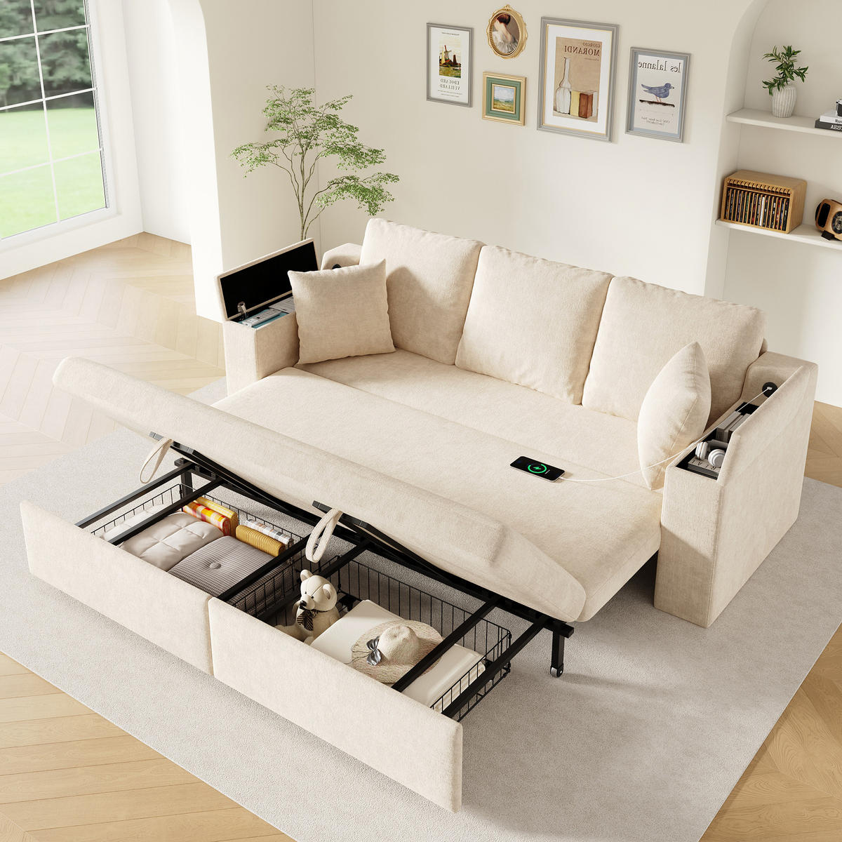 SCHLAFSOFA mit Schlaffunktion, Stauraum, USB & Type-C in Beige - Beige, Textil (210.5/93/192cm) - EVRYAE