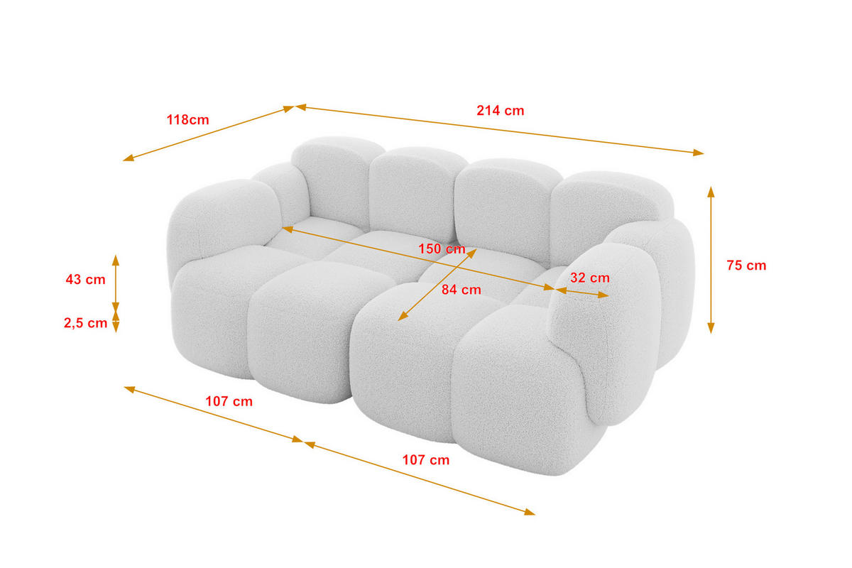 2-SITZER modulares Sofa Miko-S1 214x118x75 cm Weiß Bouclé - Schwarz/Weiß, Holzwerkstoff/Kunststoff (214/75/118cm) - ALTDECOR