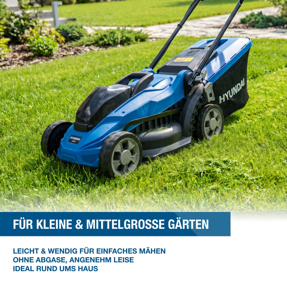 AKKU-RASENMÄHER 20V Brushless – 33 cm, 2 x 4.0 Ah Akku & Doppelladegerät – 35L Korb - Blau, Kunststoff (38.6/101/131.5cm) - HYUNDAI