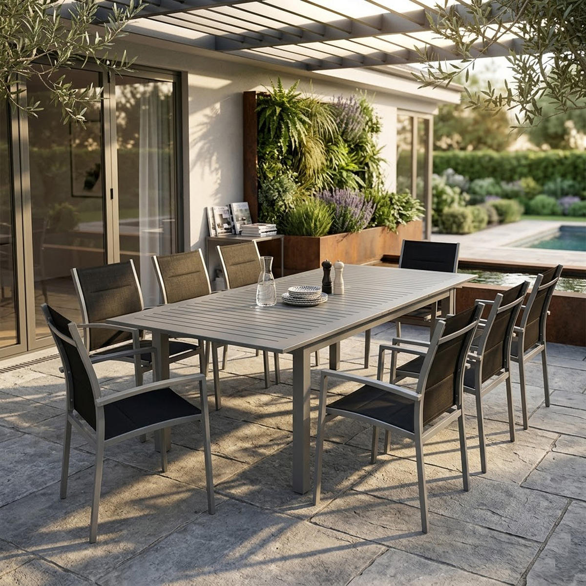GARTEN-GARNITUR Ashford - 9-teilige Garten-Essgruppe (8x Stapelsessel mit Aluminiumgestell, Bespannung Textillehne schwarz, Ausziehtisch - Schwarz, Metall - TPFGarden