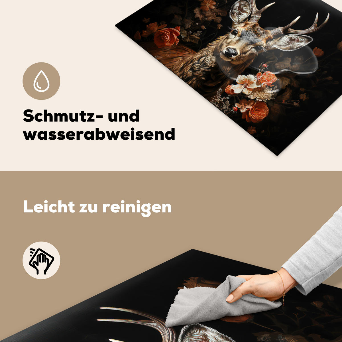 HERDABDECKPLATTE Hirsch - Tier - Blumen - Natur - Botanisch 71x52 cm - Kupferfarben, Kunststoff (71/52/0.2cm) - MuchoWow