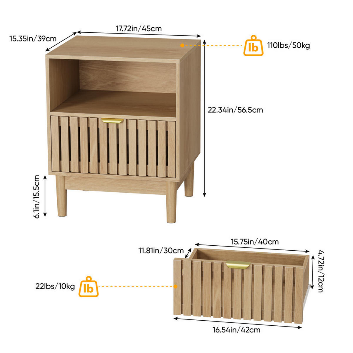 NACHTTISCH Eiche 45/56,5/39 cm mit Schublade - Naturfarben, Holz (45/56.5/39cm) - Kaket