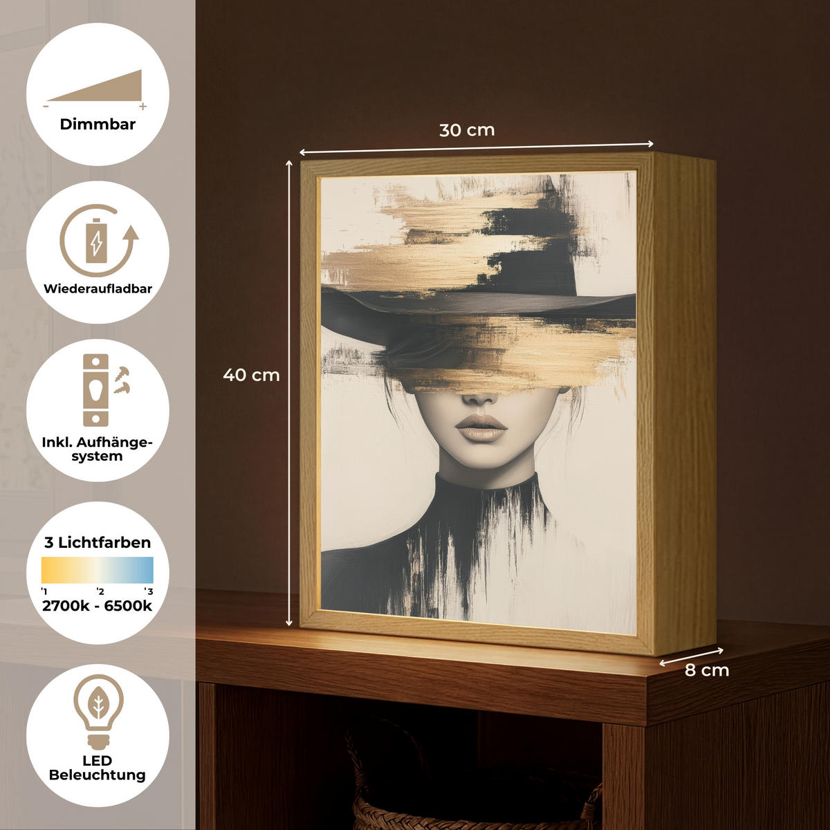NÁSTĚNNÁ LAMPA S AKUMULÁTOREM Žena - klobouk - barva 30x40 cm - krémová, kompozitní dřevo (30/40/8cm) - OnlyWow
