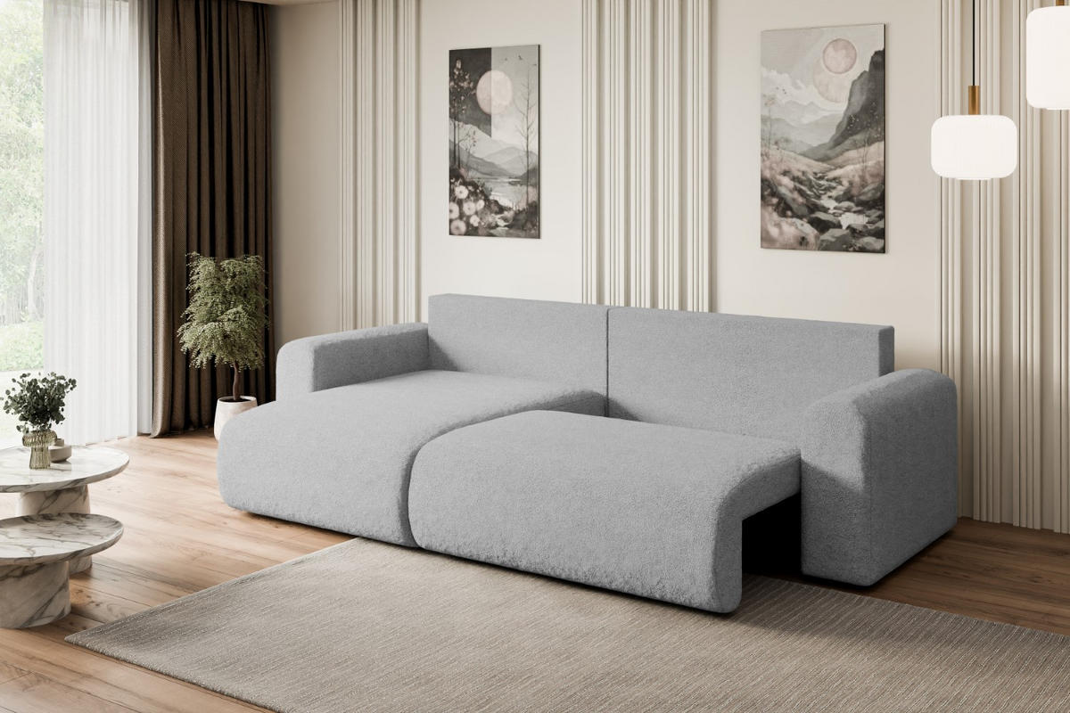 ECKSOFA mit Schlaffunktion und Bettkasten ORRO-L - 272x145x83 cm Hellgrau Bouclé - Hellgrau/Schwarz, Holzwerkstoff/Kunststoff (272/145cm) - ALTDECOR