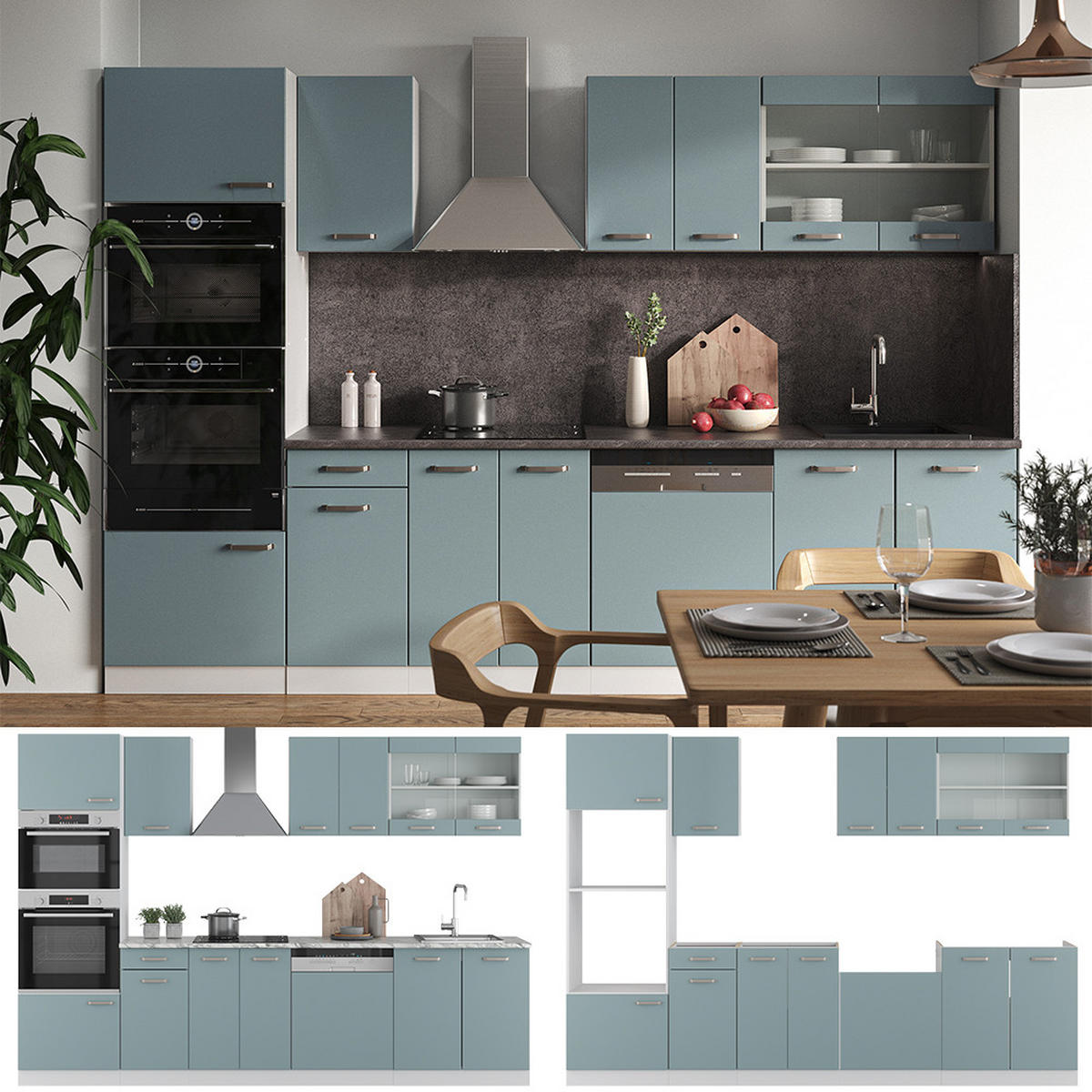 KÜCHENZEILE R-Line Blau-Grau 300 cm mit Hochschrank, ohne AP - Blaugrau/Weiß, Holzwerkstoff (300/81.6/46cm) - Vicco