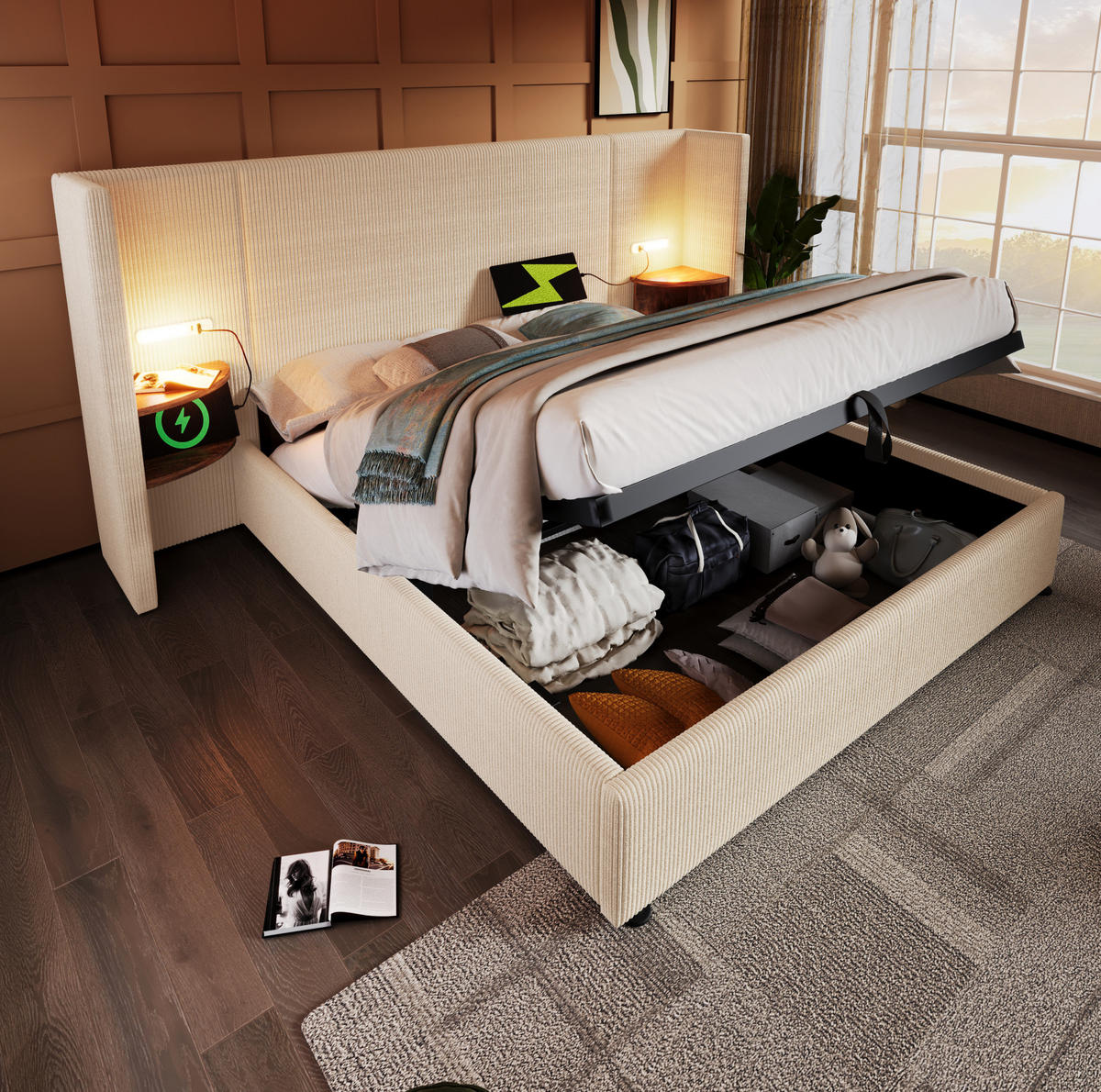 POLSTERBETT 180/200 cm Beige-Weiß mit Stauraum, Leselicht und USB- und Type-C-Anschlüssen - Beige, Textil (180/200cm) - Flora Grace