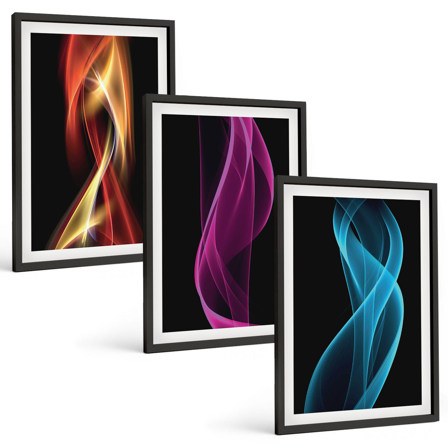 BILDER SET 3er Set - 40x60 cm Schwarzer Rahmen - Neonwellenlinien auf dunklem Hintergrund - Schwarz, Kunststoff (40/60cm) - TULUP