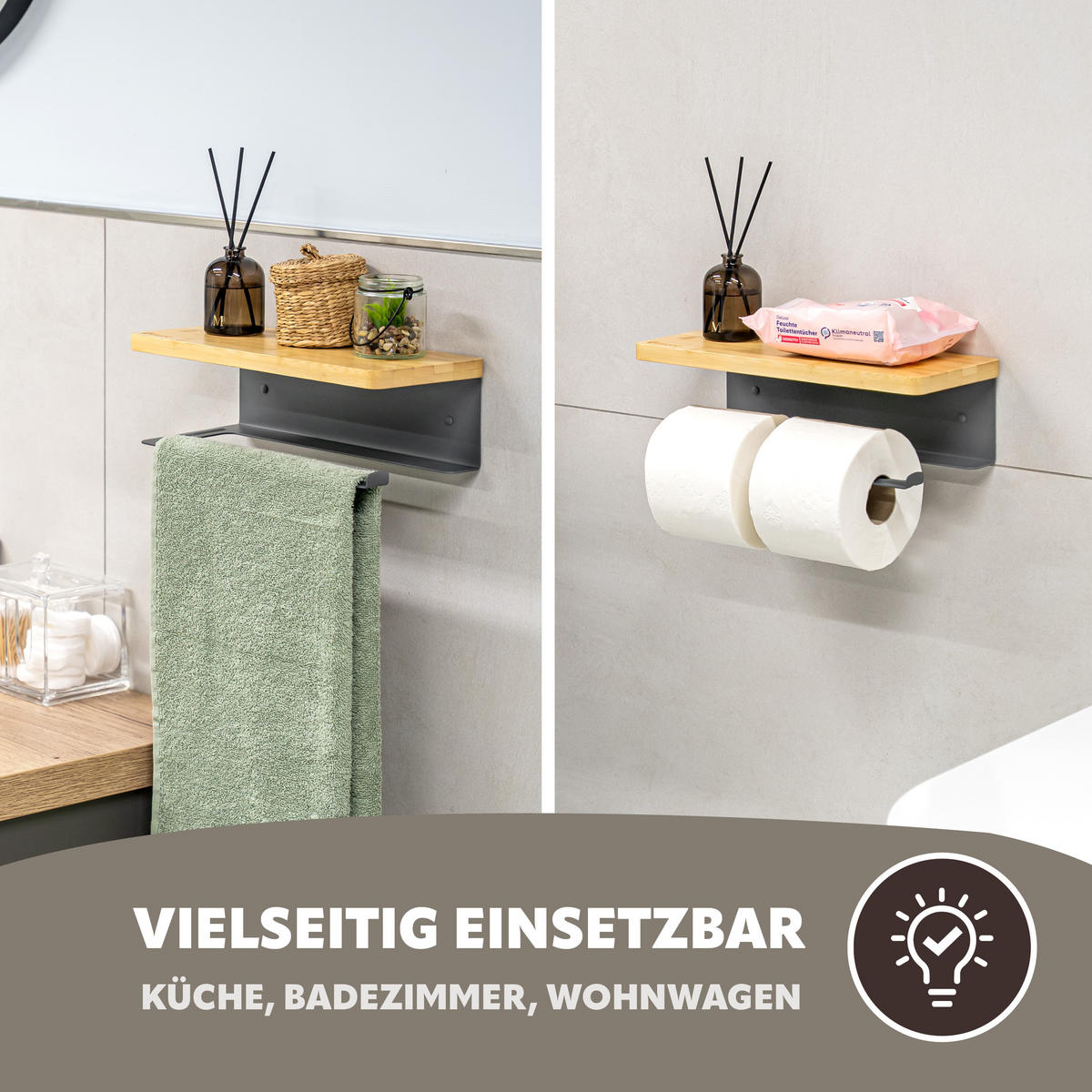 KÜCHENROLLENHALTER mit Bambusablage - Grau, Metall (32/9.5/13cm) - eluno