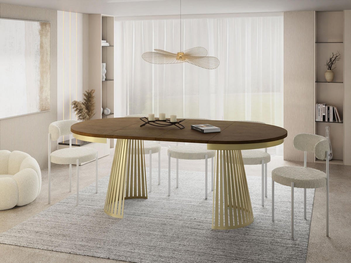 ESSTISCH Naro rund ausziehbar mit Goldem Lamellen-Metallgestell, Eiche Braun Rustikal 100-180/100/76 cm - Alteiche/Goldfarben, Holzwerkstoff/Metall (100/100/76cm) - WFL GROUP