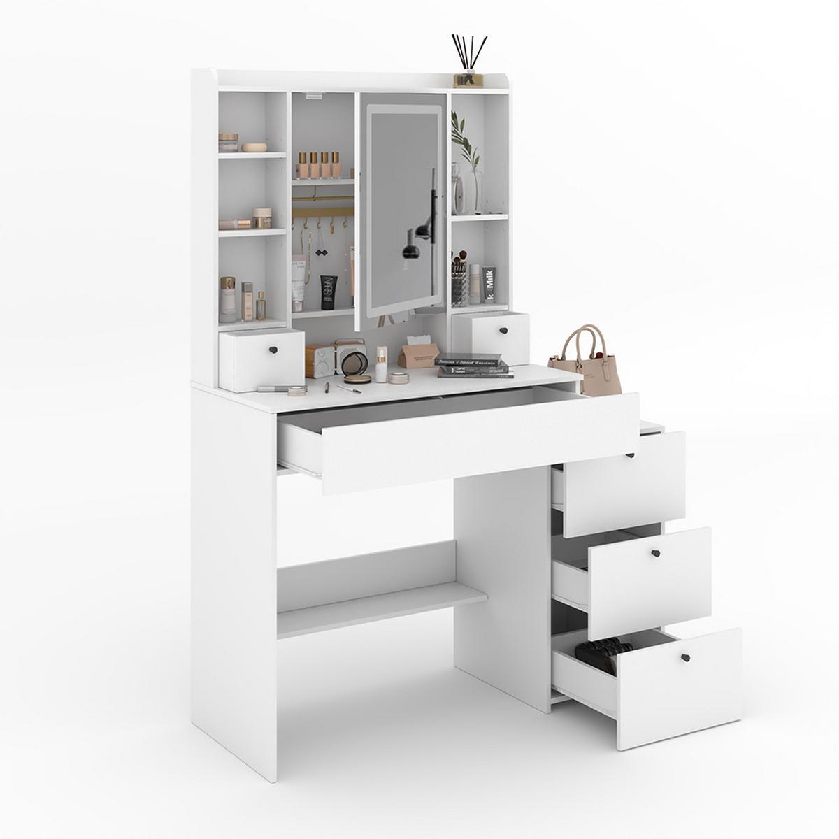 SCHMINKTISCH Livora Weiß 105.5 cm mit LED-Spiegel - Weiß, Holzwerkstoff (105.5/146.5/40cm) - Vicco