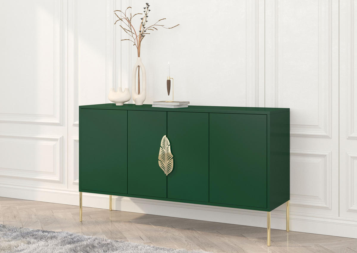 SIDEBOARD Merlin, Grün, Goldene Details - Dunkelgrün/Goldfarben, Holzwerkstoff/Metall (138/79/40cm) - Skandica
