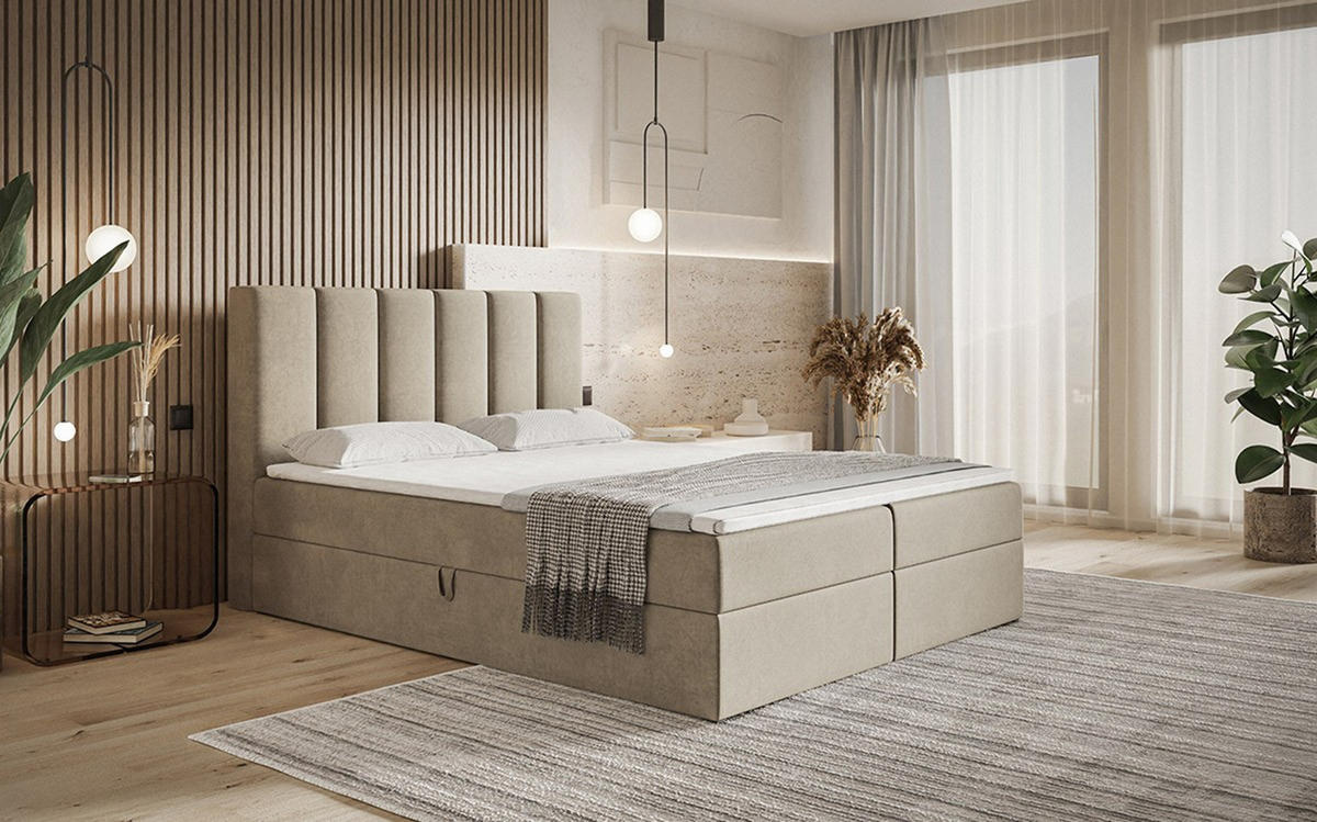 BOXBETT Bonio I 160/200 cm in Beige – mit Bettkasten und Topper - Beige/Schwarz, Holz/Holzwerkstoff (160/200cm) - AX Living