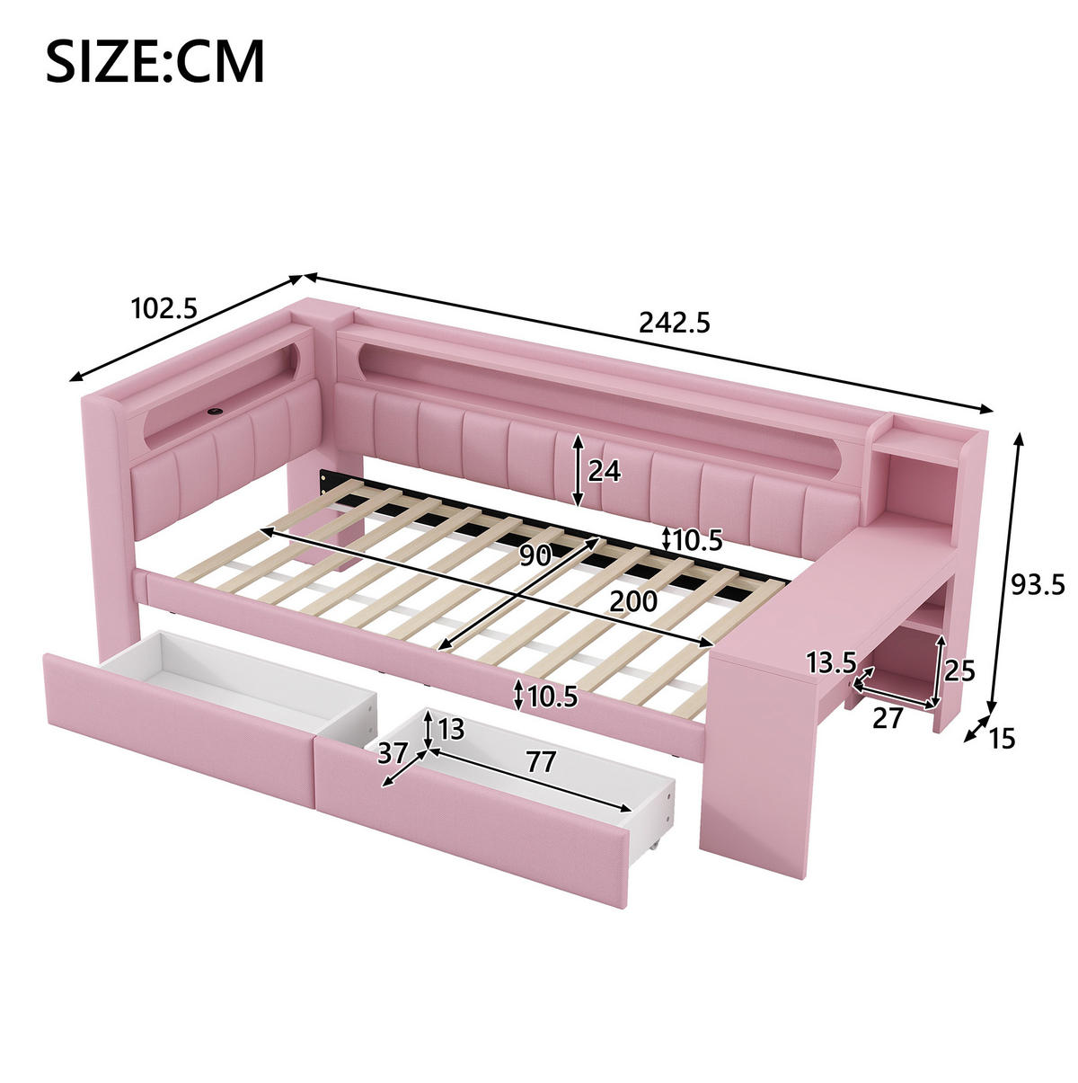 GEPOLSTERTES Tagesbett 90/200 cm mit LED-Beleuchtung, USB-Anschluss, Schreibtisch und 2 Schubladen, Rosa - Rosa, Holzwerkstoff (90/200cm) - Redom