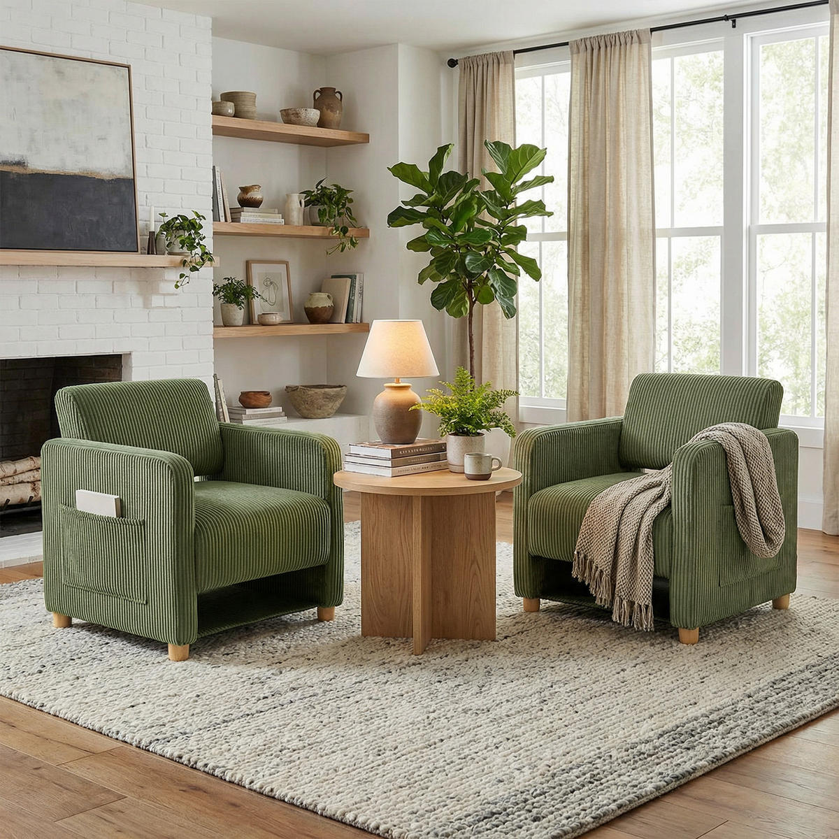 SESSEL, 2er-Set, mit Armlehnen, Cordbezug und Massivholzfüßen, Grün - Grün, Holz/Textil (66/76.5/73.5cm) - Meubles Cosy
