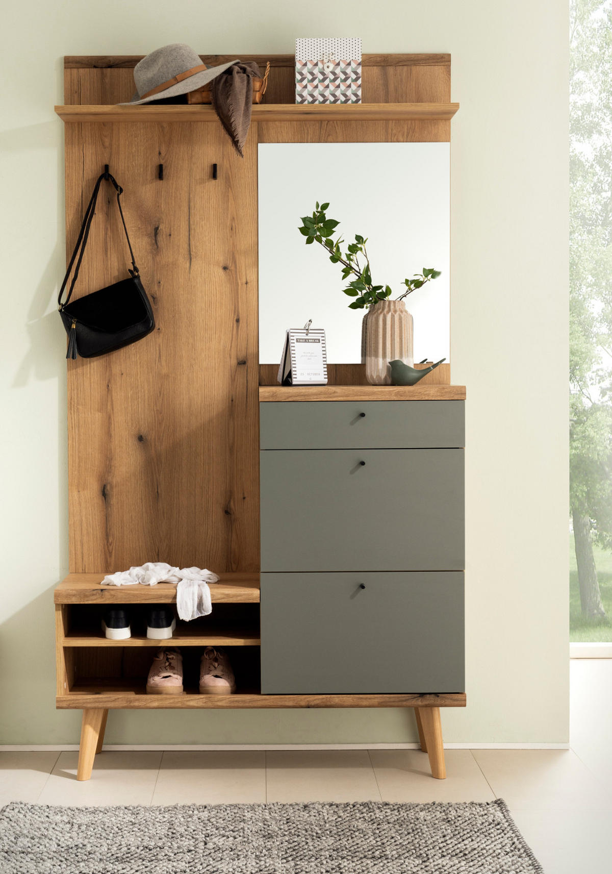 GARDEROBEN-SET Evoke Eiche, Salbei, Kompaktgarderobe skandinavisch 110 x 200 cm - Eichefarben/Salbeigrün, Glas/Holz (110/200/34cm) - Furn.Design