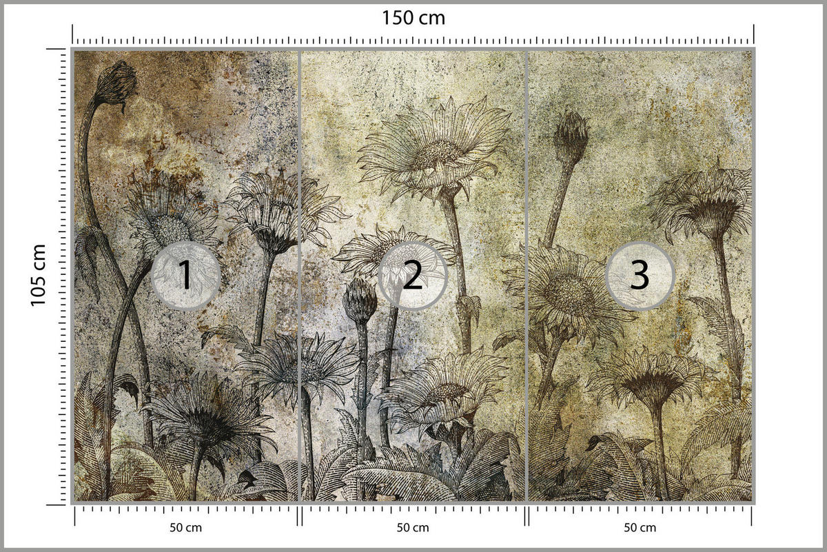 FOTOTAPETE Abstrakte Sonnenblumen Beton Retro 150x105 - Gelb/Beige, Papier (150/105cm) - Muralo