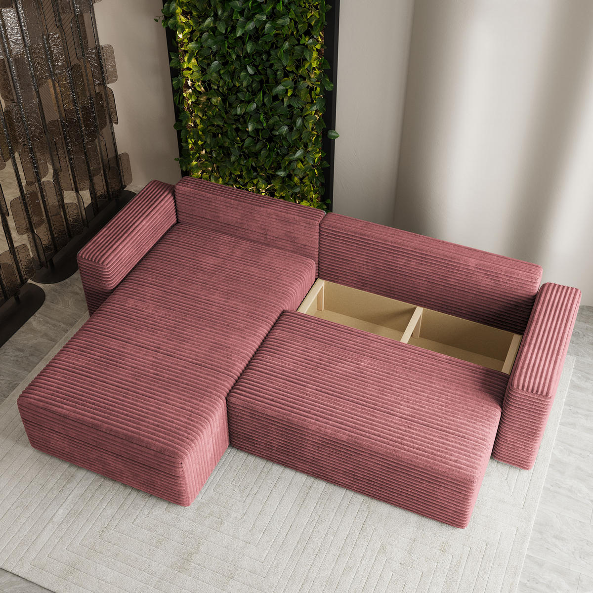 ECKSOFA CALTI T Rosa Kordstoff mit Schlaffunktion - Rosa, Holzwerkstoff/Textil (283/183cm) - MASSENO