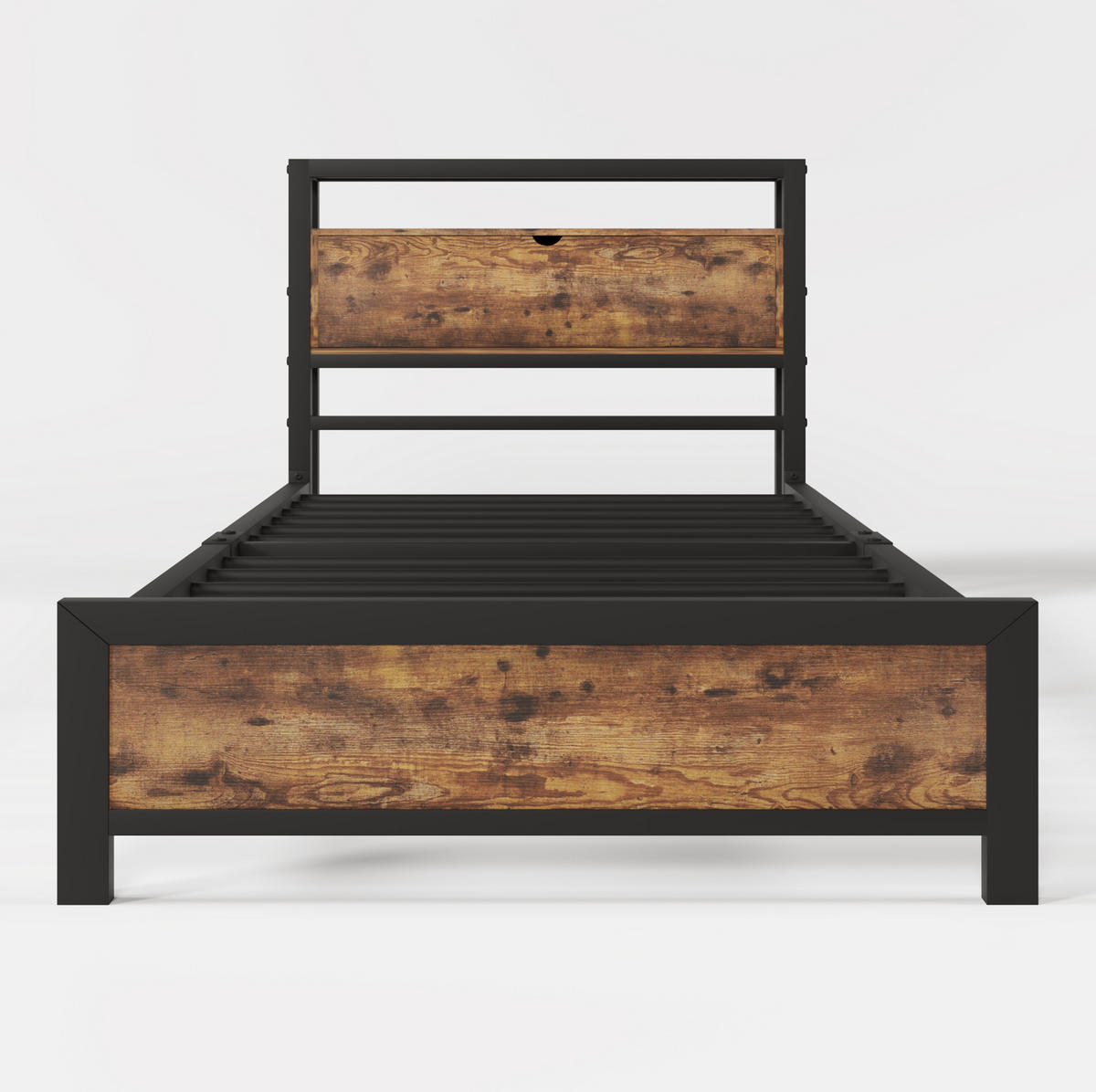 METALLBETT 90/200 cm mit Stauraum-Kopfteil in Natur/Schwarz im Industrial-Stil - Naturfarben, Metall (90/200cm) - Flora Grace