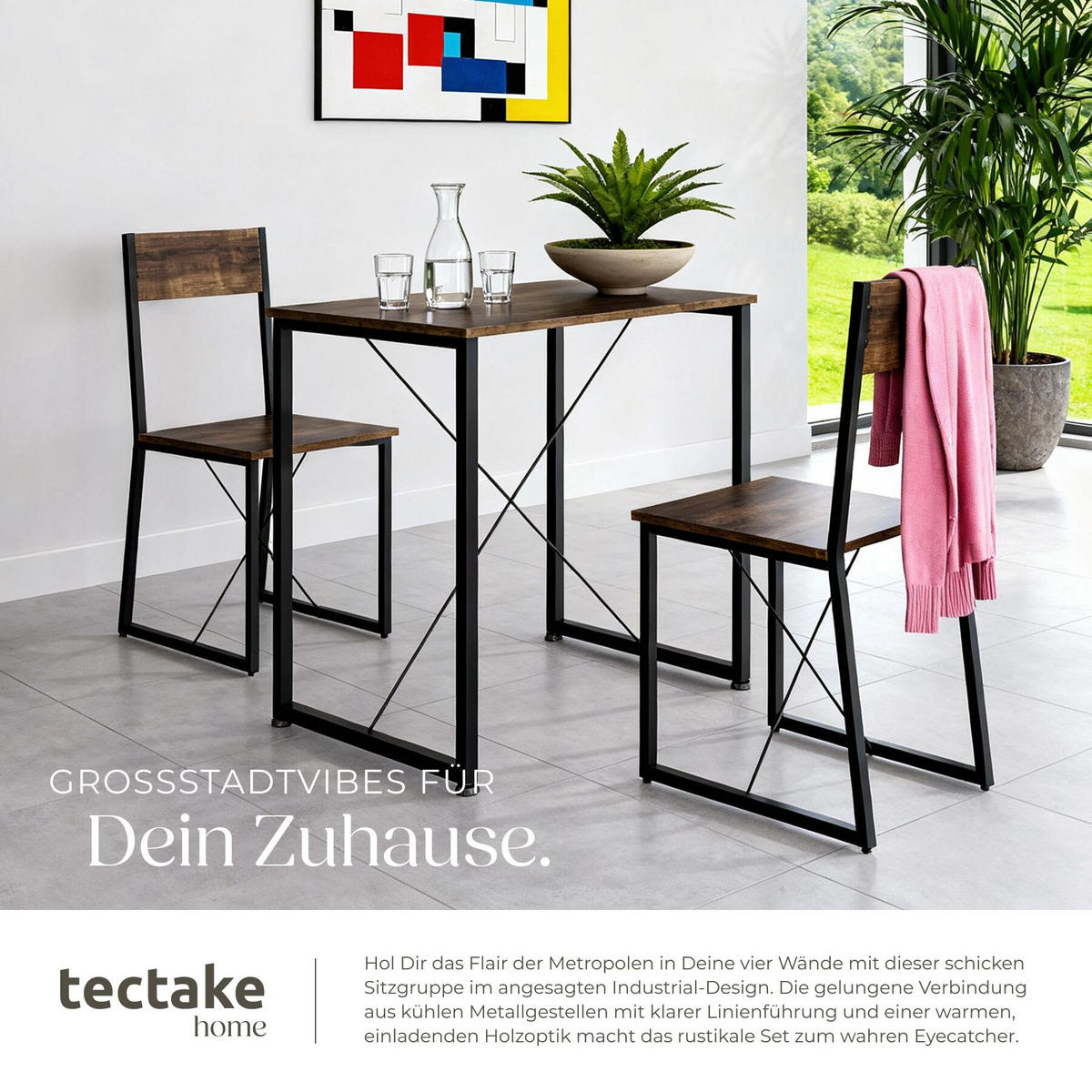 SITZGRUPPE Margate, mit höhenverstellbaren Kunststofffüßen, Industrial Holz dunkel, rustikal - Rostfarben, Holzwerkstoff (80/90/138cm) - tectake