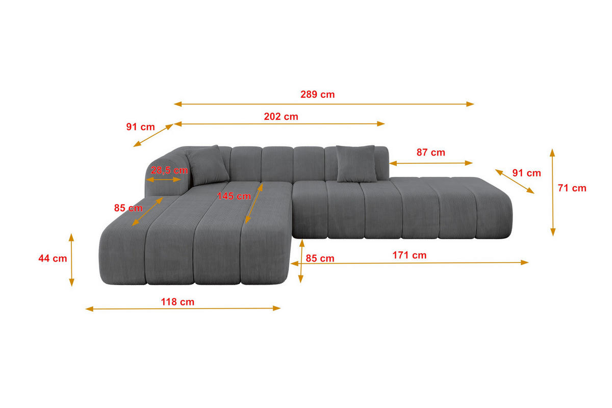 ECKSOFA Ottomane Links BILA-L 289x176x71 Dunkelgrau Cord - Dunkelgrau/Anthrazit, Holzwerkstoff/Kunststoff (176/289cm) - ALTDECOR