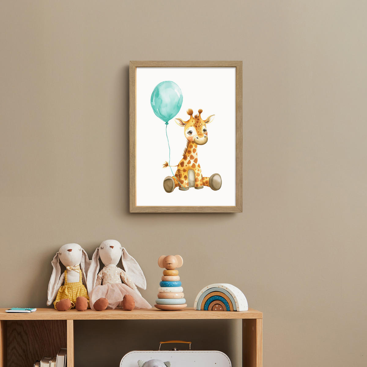 NACHTTISCHLAMPE MIT AKKU Giraffe - Baby - Tiere - Blauer Ballon 30x40 cm - Weiß, Holzwerkstoff (8/30/40cm) - OnlyWow