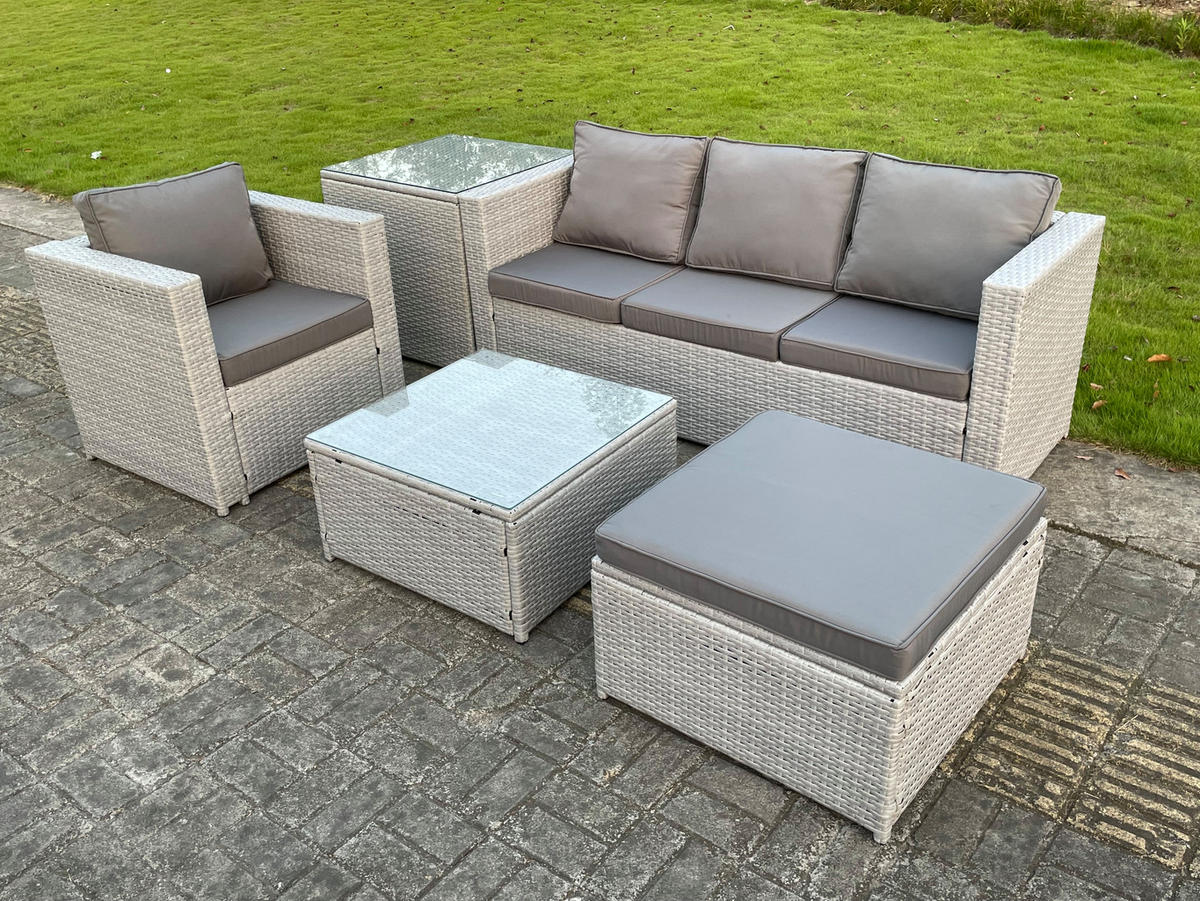 GARTENSOFA Polyrattan Helles Grau 5-Sitzer - Hellgrau, Metall - Fimous