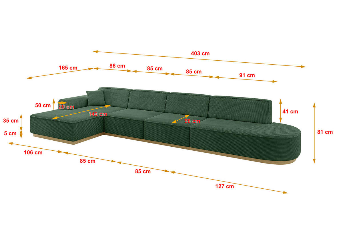 ECKSOFA Ottomane Links IREA-L3-v2 - 403x165x81 cm Grün - Grün, Holzwerkstoff/Textil (403/165cm) - ALTDECOR