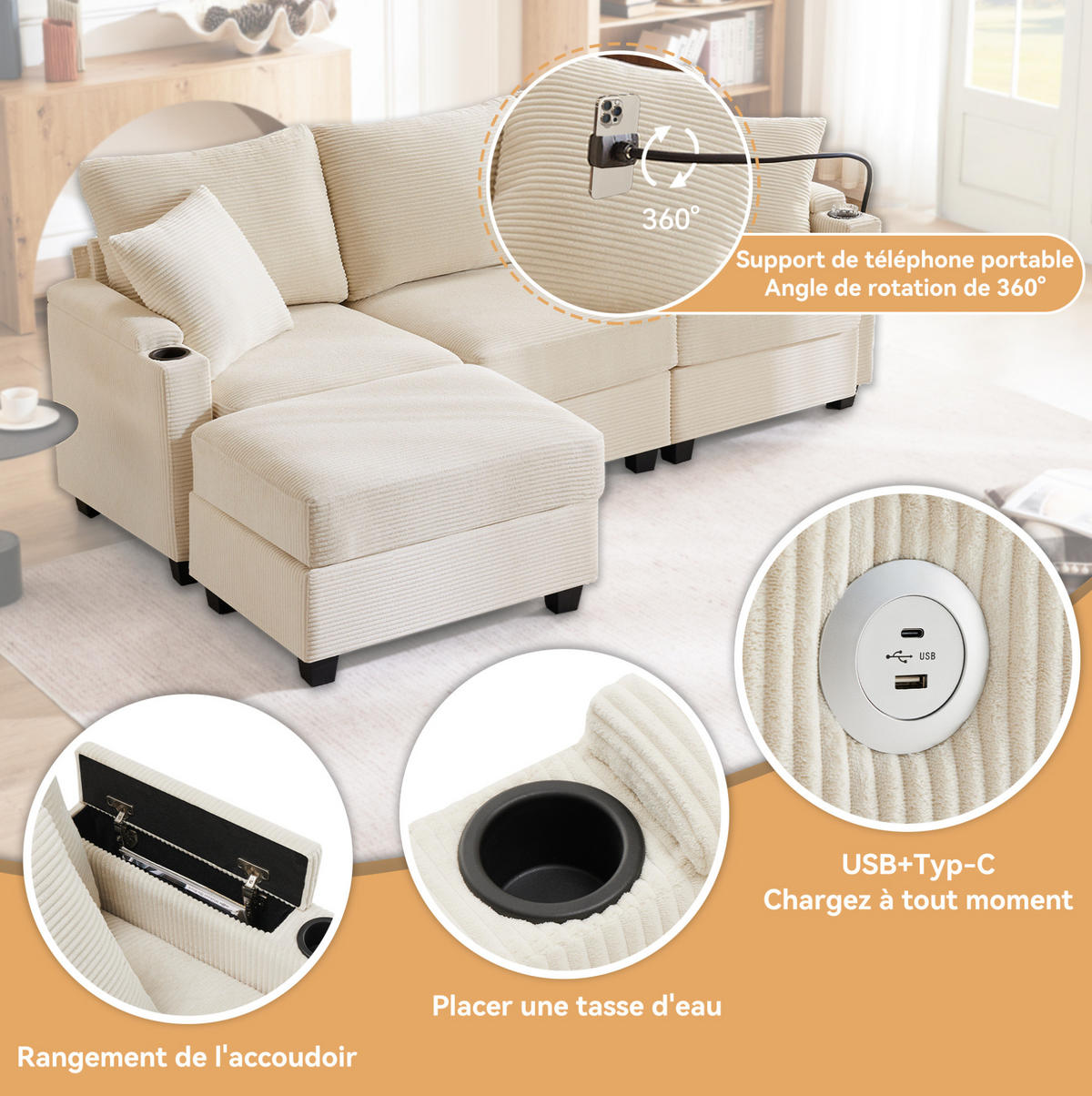 SOFA L-Form 3-Sitzer mit Hocker USB 213,5 x 139 cm Cord Beige - Beige, Textil (213.5/139cm) - IVMEU