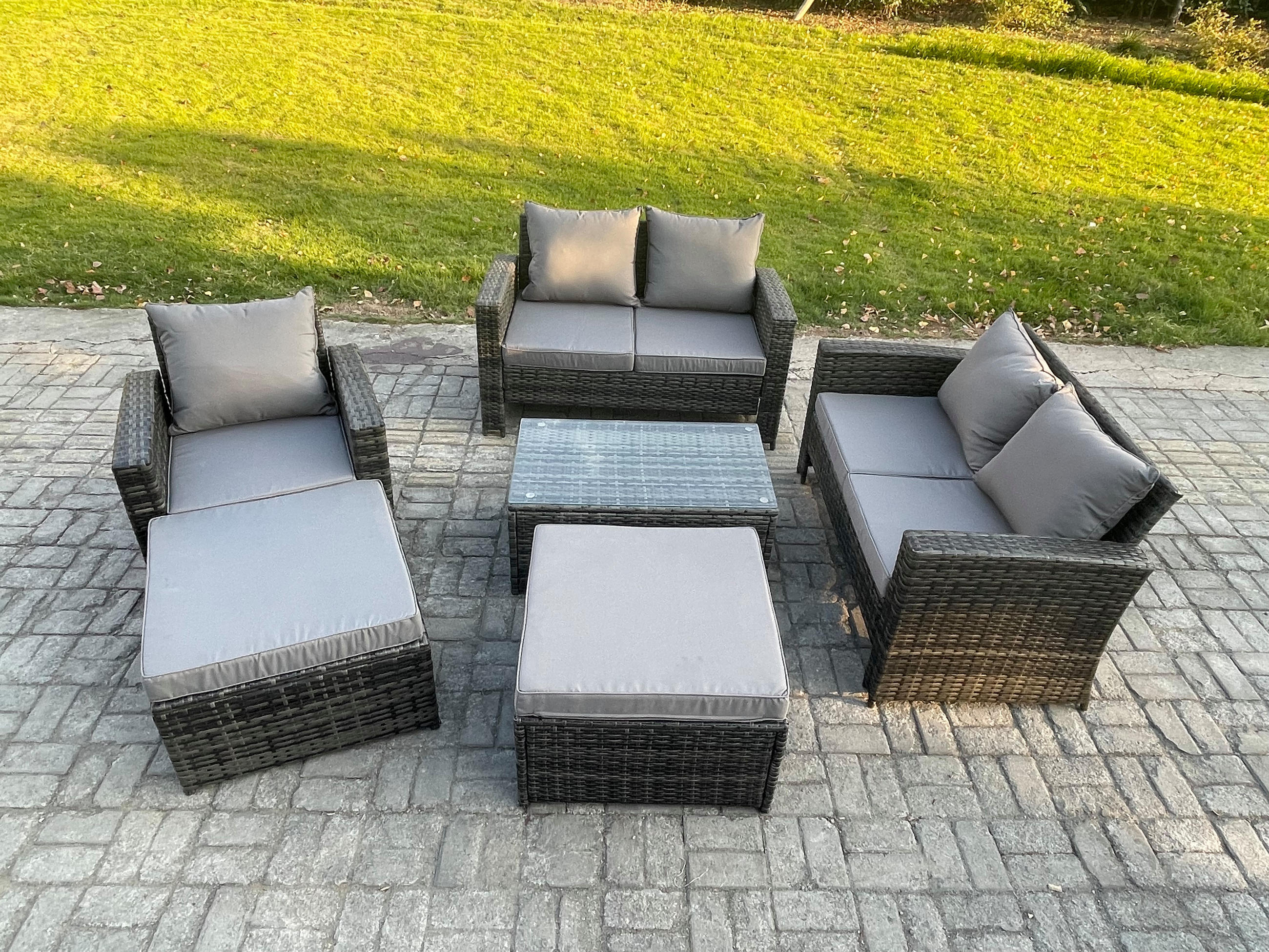 GARTENMÖBEL-SET MIT COUCHTISCH 2 HOCKER Polyrattan Dunkelgrau 7-Sitzer - Dunkelgrau, Metall - Fimous