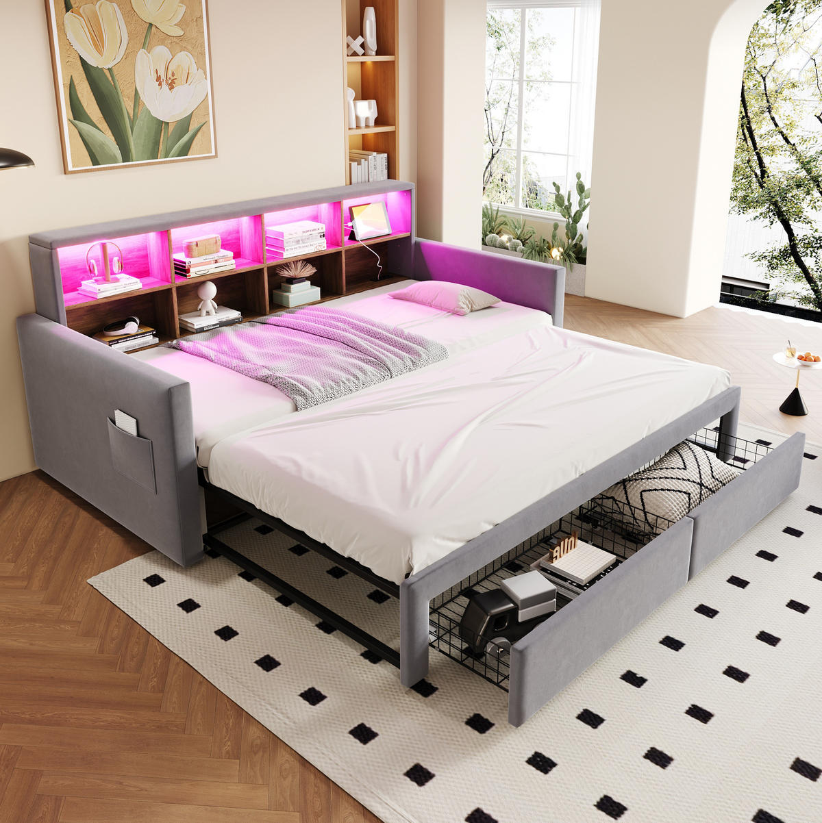 ČALOUNĚNÁ postel na spaní ze sametu, 90/190 cm světle šedá, rozkládací s LED a zásuvkami - světle šedá, textil (90/190cm) - BEAOK
