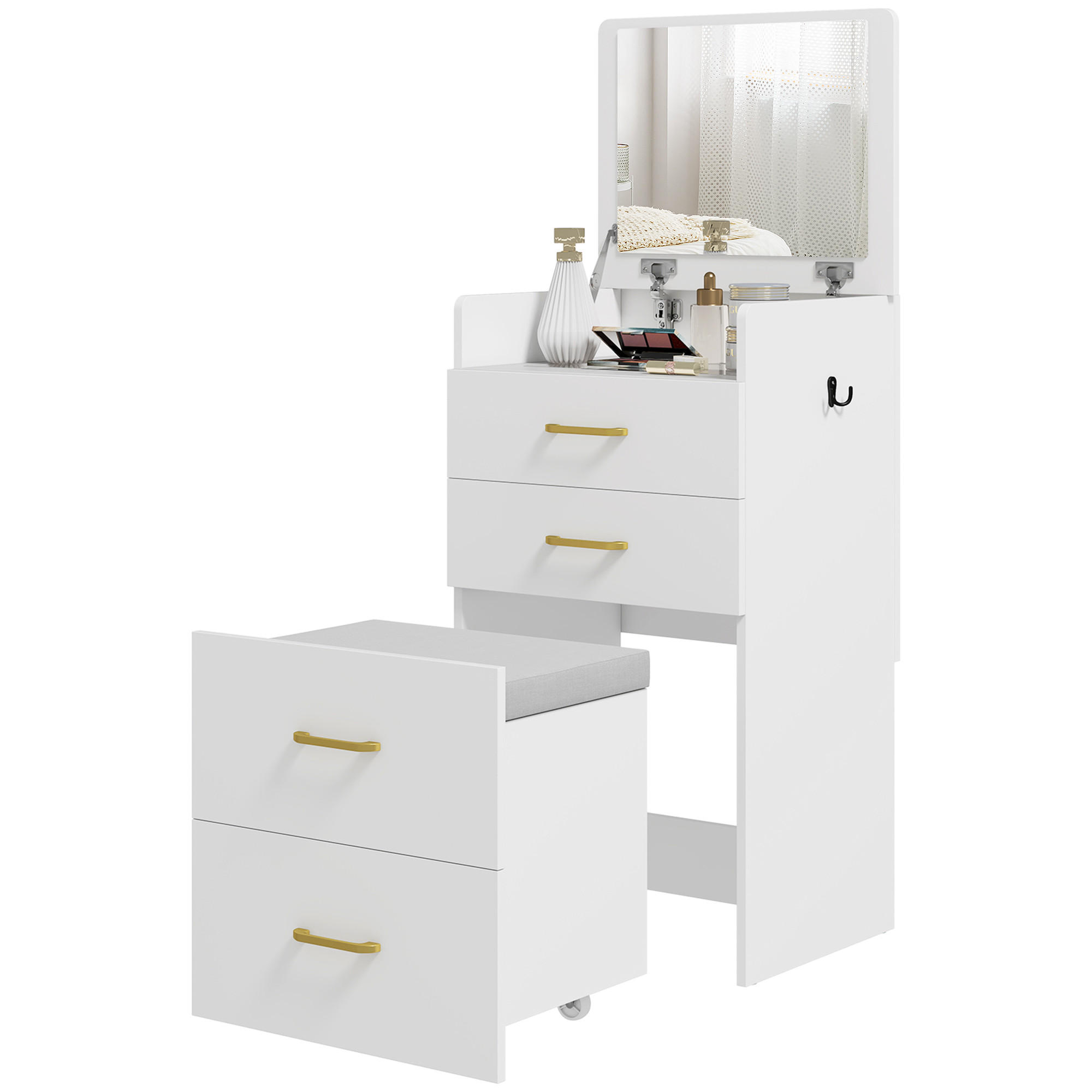 SCHMINKTISCH DE-10798 3-in-1 mit Spiegel, Nachttisch & Rollhocker Weiß - Weiß, Holzwerkstoff (40/90/48cm) - ComfortXL