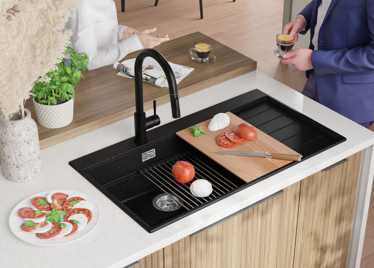 SPÜLBECKEN Sydney, 2-er set Schwarz Metallic 90/50 cm 1 Becken + Ablauf-Set + Küchenzubehörset ab 60er Unterschrank - Chromfarben/Schwarz Hochglanz, Kunststoff (90/20/50cm) - Primagran