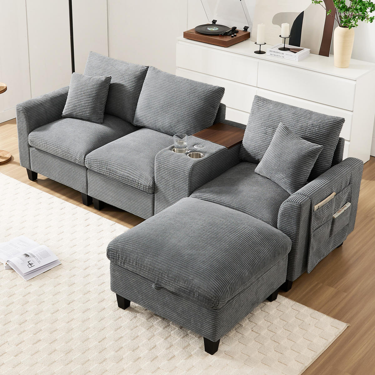 ECKSOFA L-Form 4-Sitzer mit USB-Anschlüssen & Armlehnen Aufbewahrungstaschen Cord Grau 229/149,5/83 cm - Grau, Textil (229/149.5cm) - OKWISH