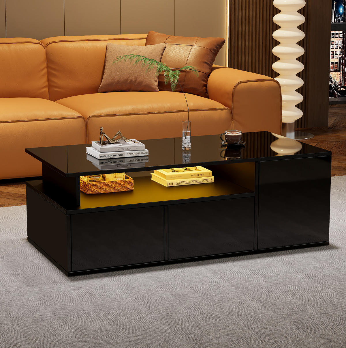 COUCHTISCH 100/50/35 cm in Schwarz mit LED-Beleuchtung und 2 Schubladen - Schwarz, Holzwerkstoff (100/50/35cm) - Flora Grace